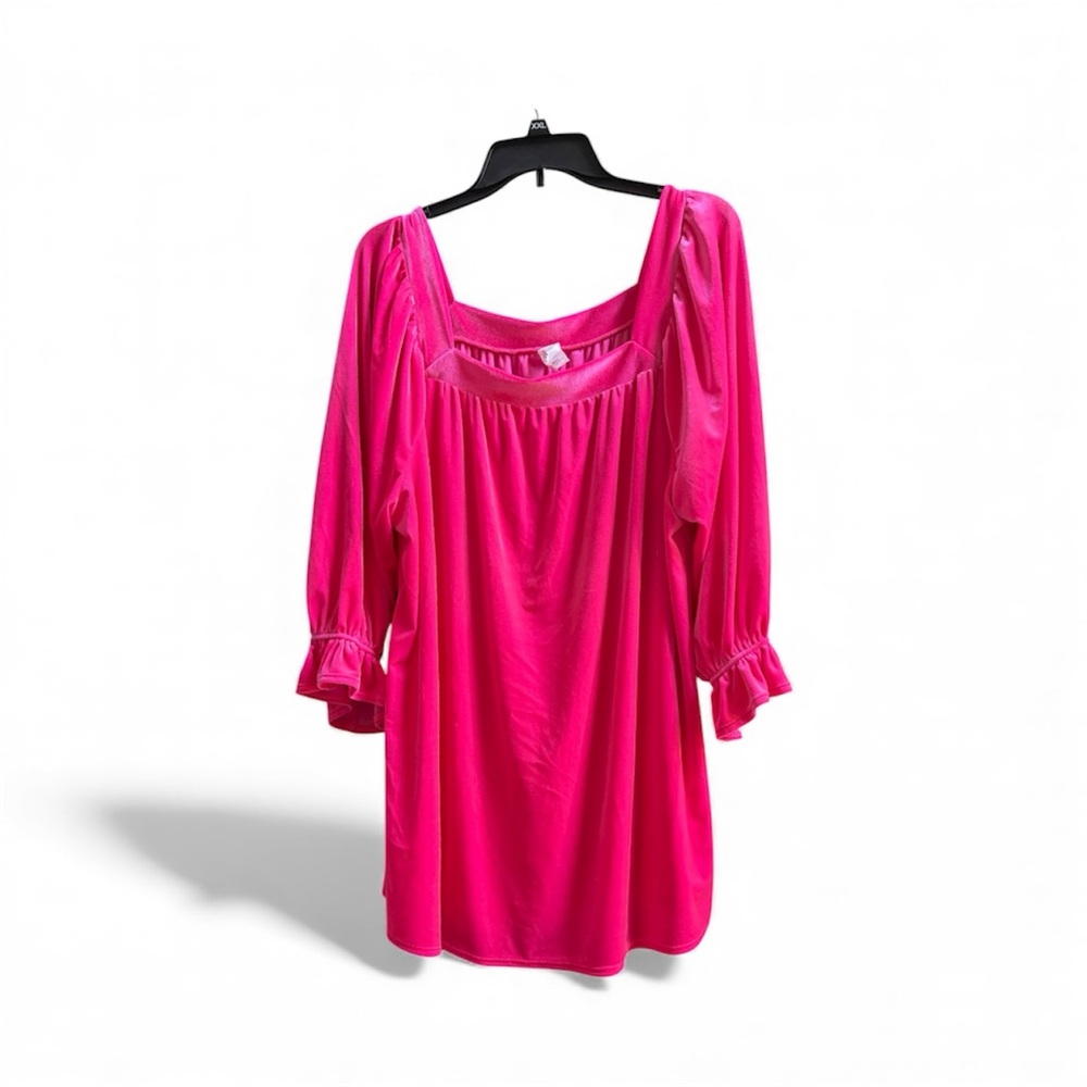 Vibrant velvet Barbie Pink Blouse with Ruffled Sleeves